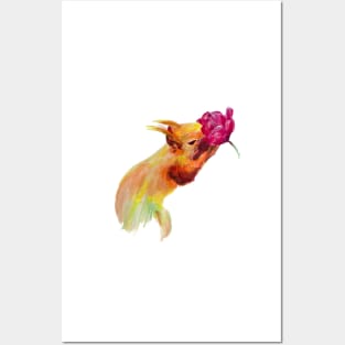 watercolor colourful squirrel drawing smelling flower Posters and Art